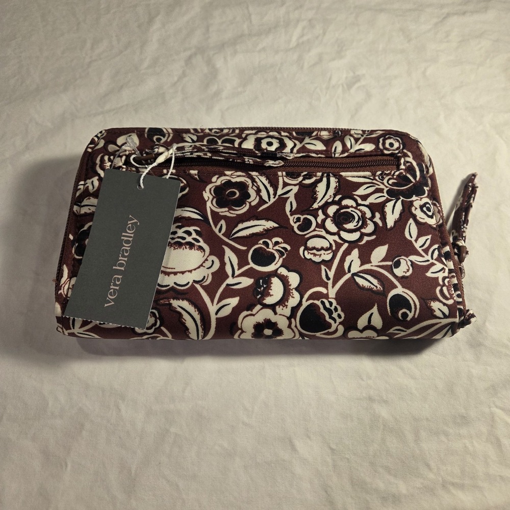 NEW Vera Bradley Large Tab Wallet Bubbly‎ Flowers Cinnamon, Brown Black Ivory